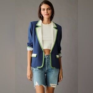 Anthropologie Maeve Colorblock Blazer Size XXS Petite Blue Single Button Blue